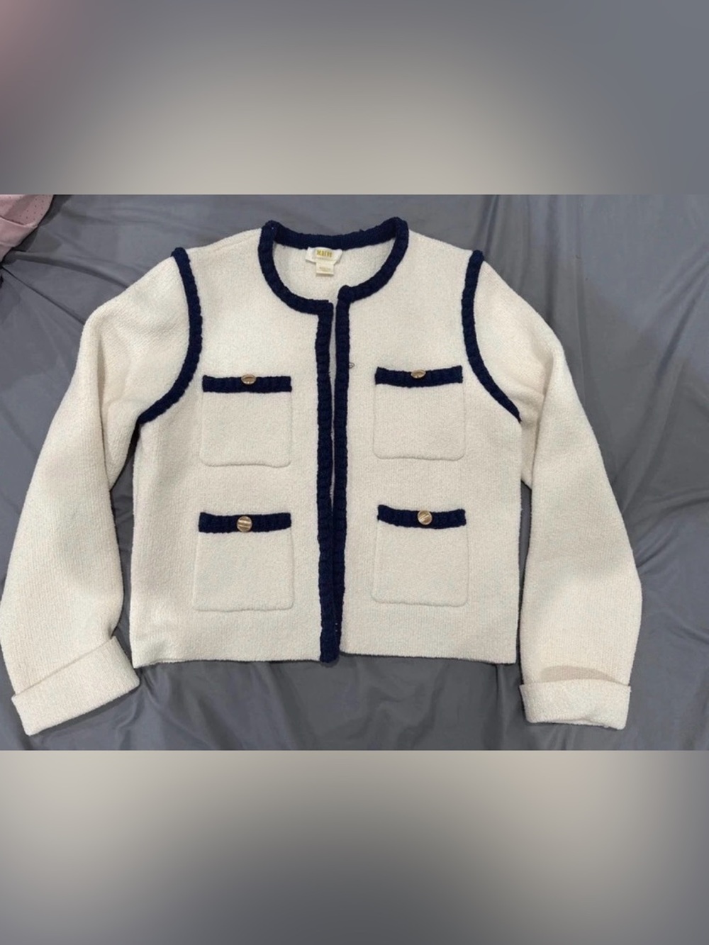 Anthropologie Cream Knit Blazer with Navy Trim